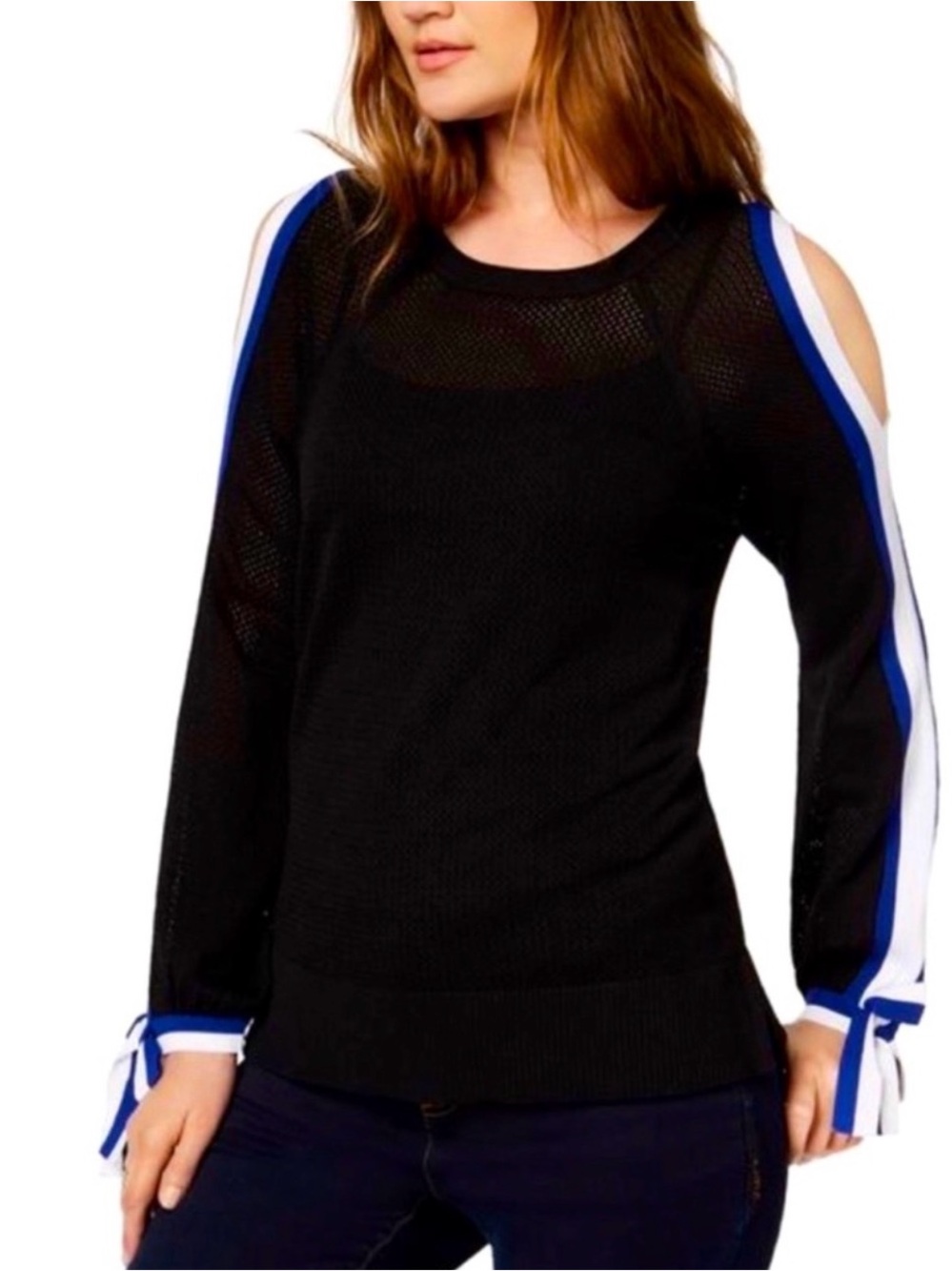 INC International Concepts Black Cold-Shoulder Sweater with Blue & White Stripes